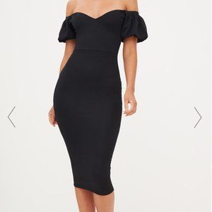 PrettyLittleThing BLACK BALLOON SLEEVE MIDI DRESS